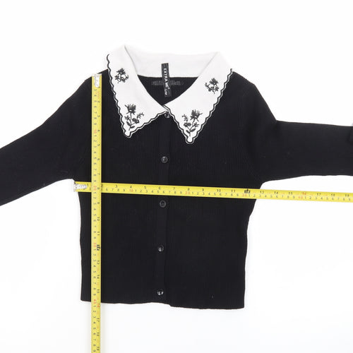 Extra Me Women's Black Cardigan S/M Embroidered Collar Long Sleeve Knit