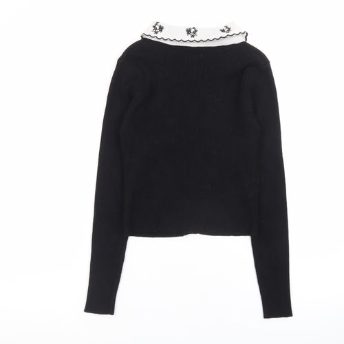 Extra Me Women's Black Cardigan S/M Embroidered Collar Long Sleeve Knit