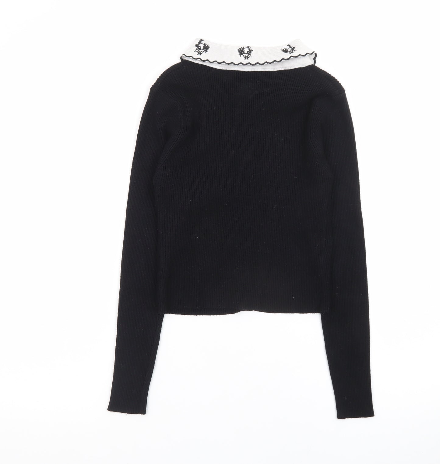 Extra Me Women's Black Cardigan S/M Embroidered Collar Long Sleeve Knit