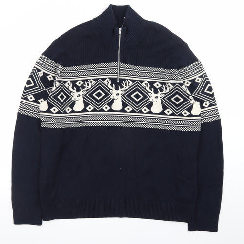 Marks and Spencer Men's Blue 2XL 1/2 Zip Cotton Christmas Jumper