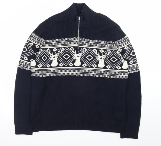 Marks and Spencer Men's Blue 2XL 1/2 Zip Cotton Christmas Jumper