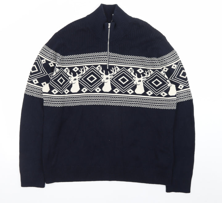 Marks and Spencer Men's Blue 2XL 1/2 Zip Cotton Christmas Jumper