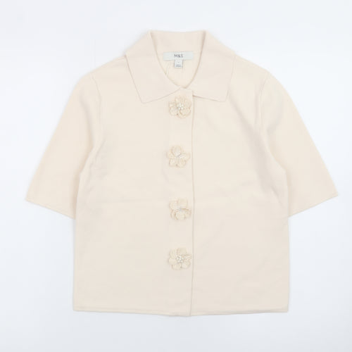 Marks and Spencer Women's Beige Collared Short Sleeve Cardigan S