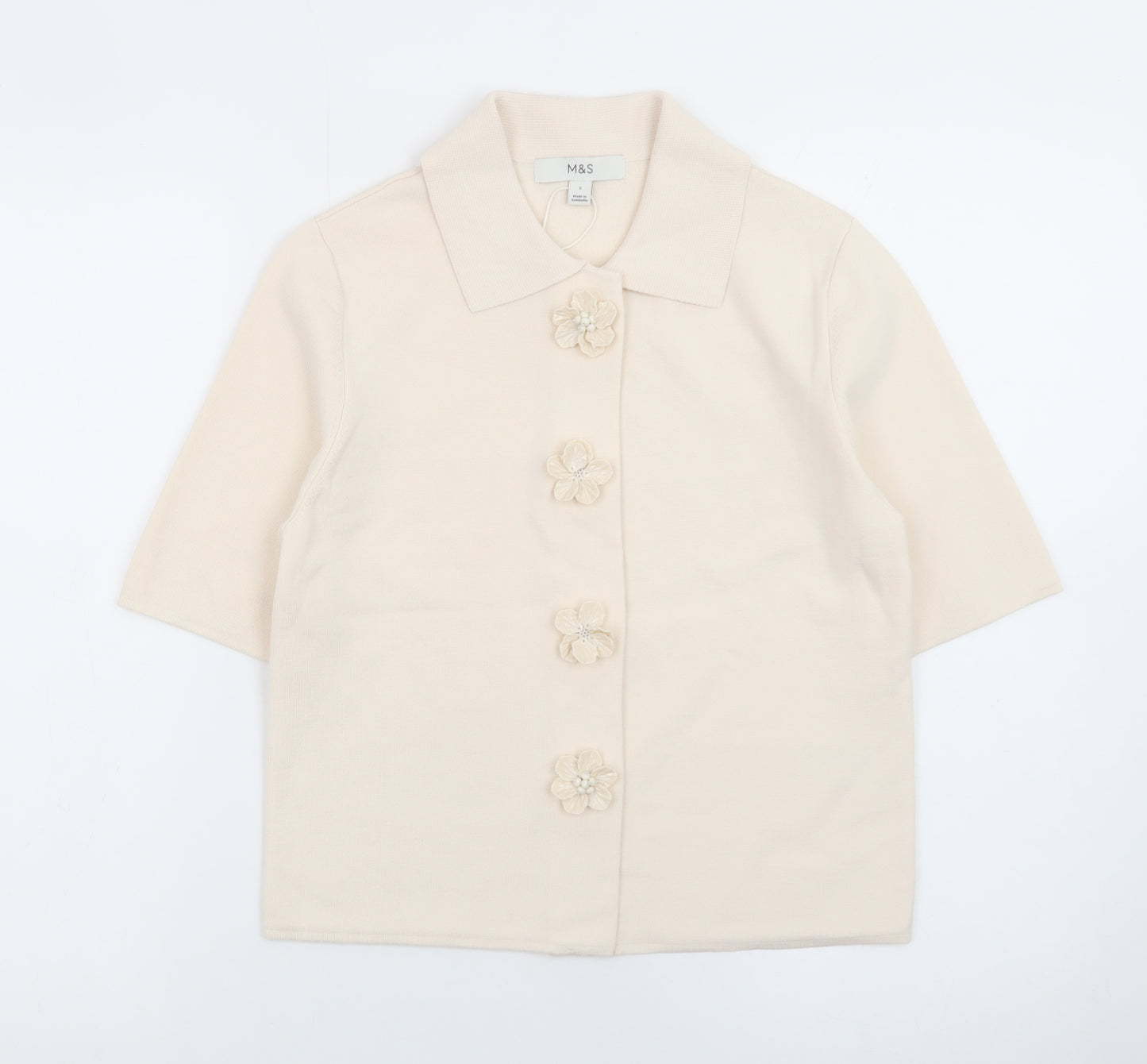 Marks and Spencer Women's Beige Collared Short Sleeve Cardigan S