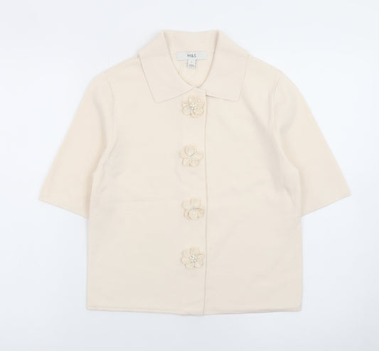 Marks and Spencer Women's Beige Collared Short Sleeve Cardigan S