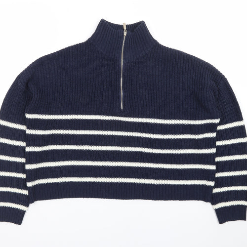 Brave Soul Women Blue Striped Half Zip Knit Jumper Size 8