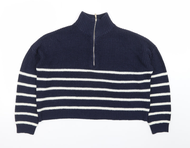 Brave Soul Women Blue Striped Half Zip Knit Jumper Size 8