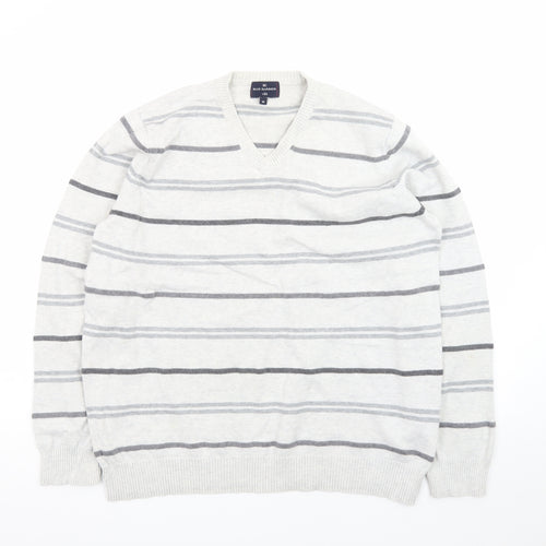 Marks and Spencer Blue Harbour Women's Grey Striped V-Neck Jumper Size M