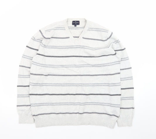 Marks and Spencer Blue Harbour Women's Grey Striped V-Neck Jumper Size M