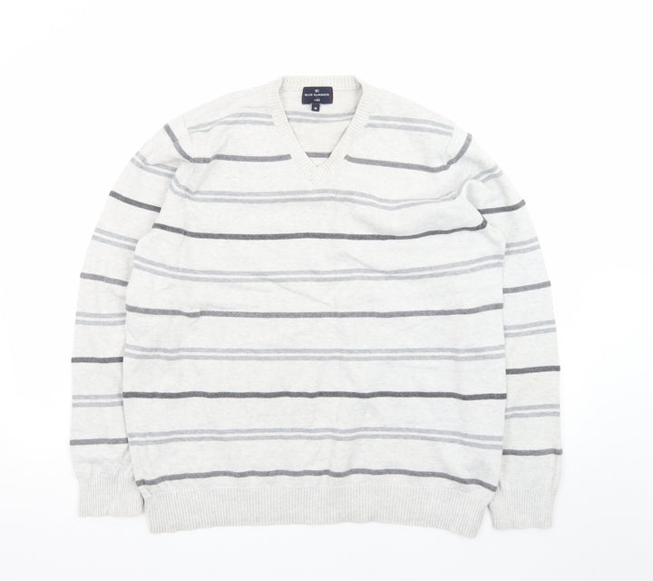 Marks and Spencer Blue Harbour Women's Grey Striped V-Neck Jumper Size M