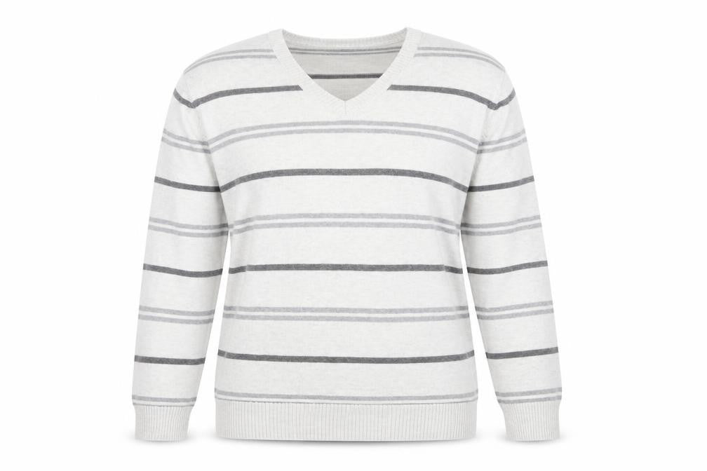 Front view of Marks & Spencer Blue Harbour Women's Grey Striped V-Neck Jumper, size M