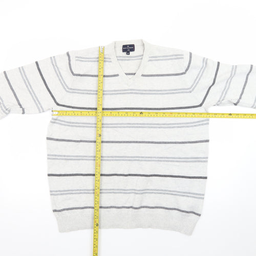 Marks and Spencer Blue Harbour Women's Grey Striped V-Neck Jumper Size M
