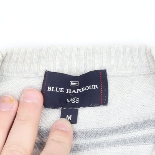 Marks and Spencer Blue Harbour Women's Grey Striped V-Neck Jumper Size M