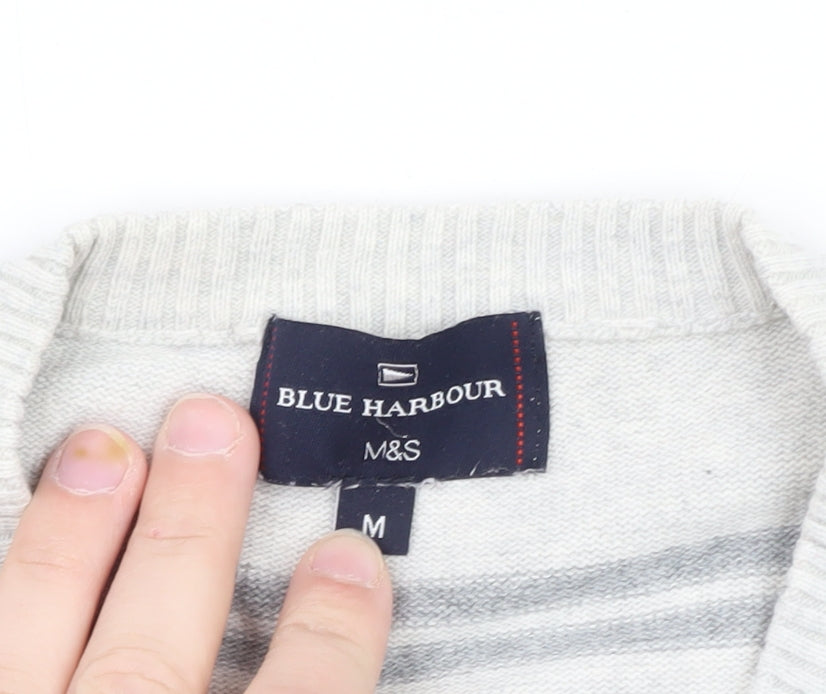 Marks and Spencer Blue Harbour Women's Grey Striped V-Neck Jumper Size M