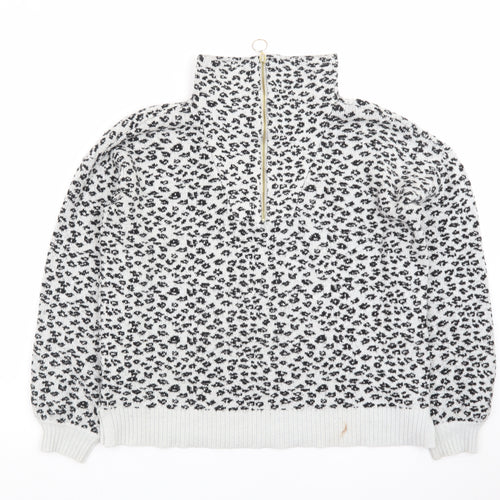 LOFT Women’s Grey Leopard Print High Neck Half Zip Jumper Size S
