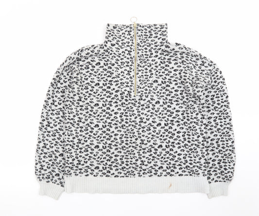 LOFT Women’s Grey Leopard Print High Neck Half Zip Jumper Size S