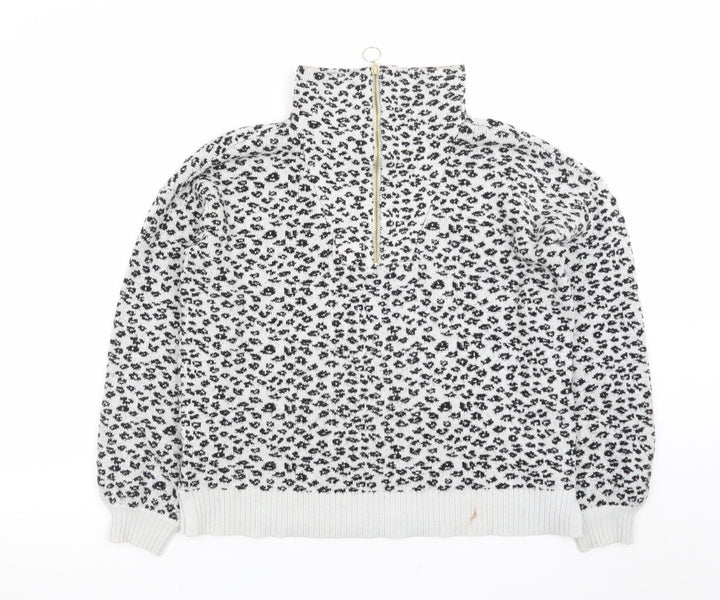 LOFT Women’s Grey Leopard Print High Neck Half Zip Jumper Size S