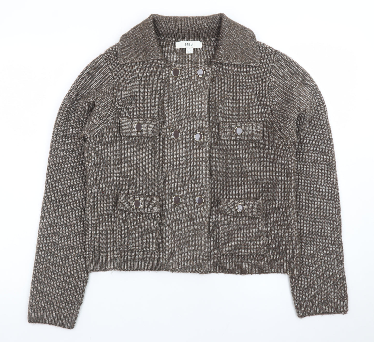 Marks and Spencer Women Brown Knit Cardigan Small Button Front Wool Blend