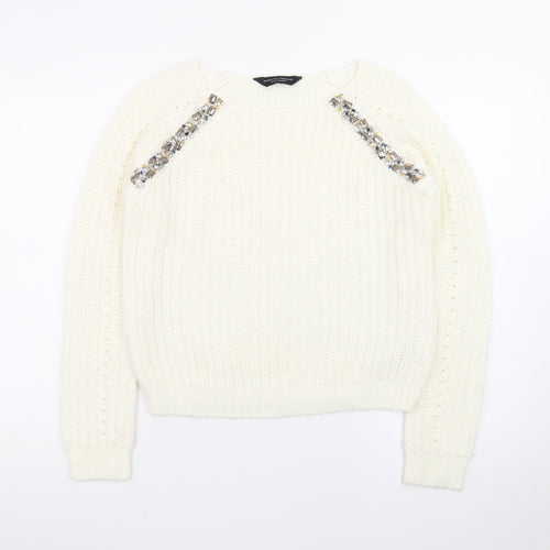 Dorothy Perkins Women Ivory Beaded Knit Jumper Size 10