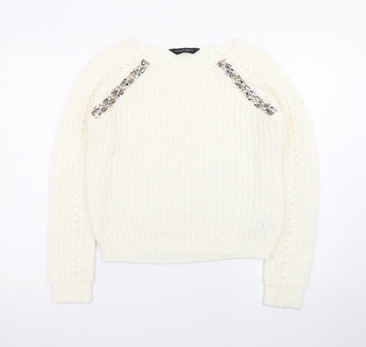 Dorothy Perkins Women Ivory Beaded Knit Jumper Size 10