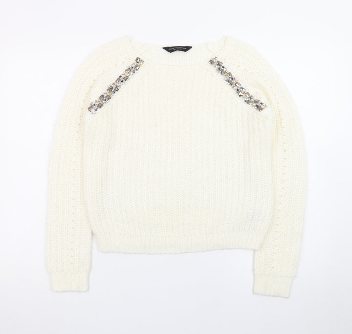 Dorothy Perkins Women Ivory Beaded Knit Jumper Size 10
