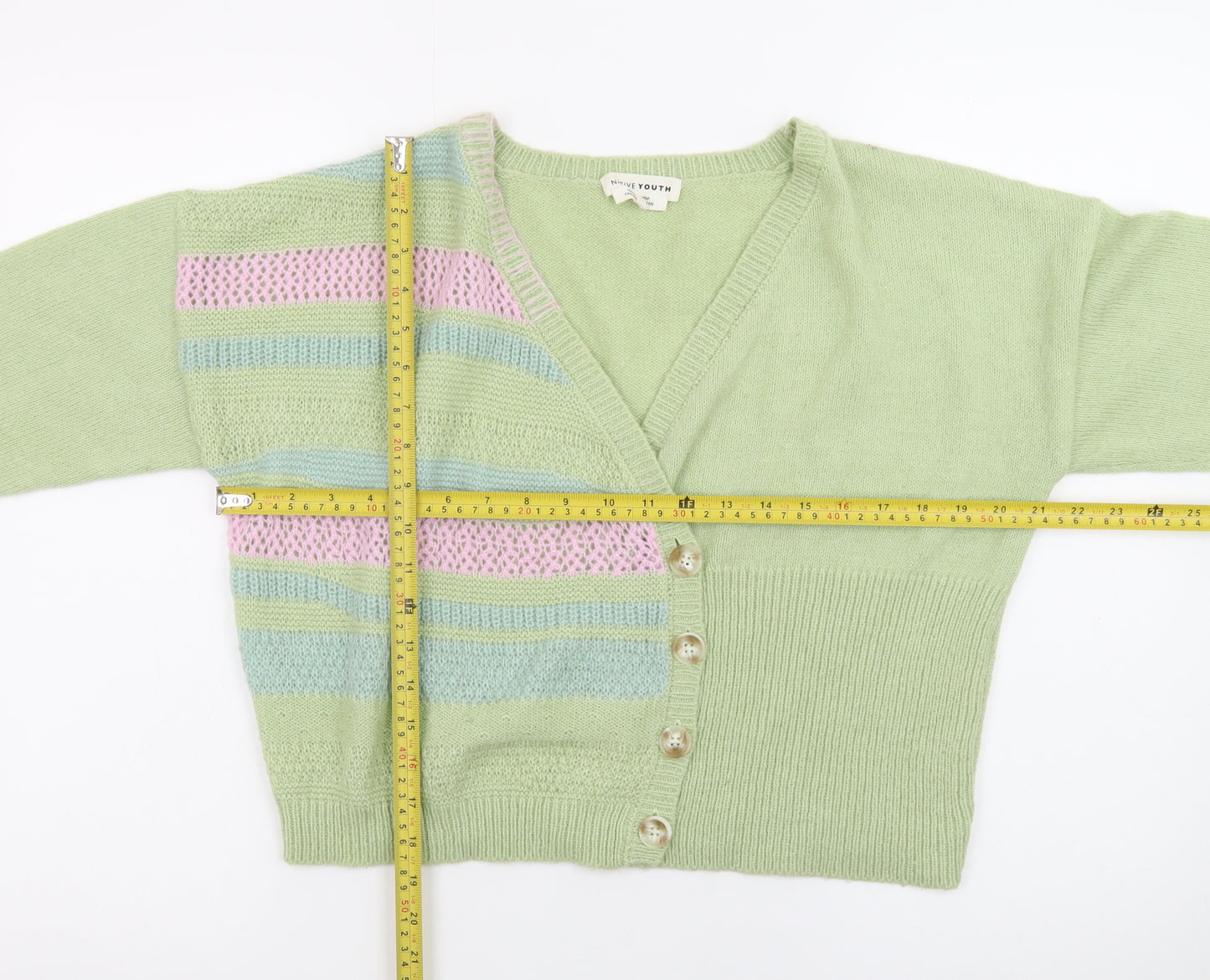 Native Youth Women Green XS Striped Button Cardigan Knit Jumper