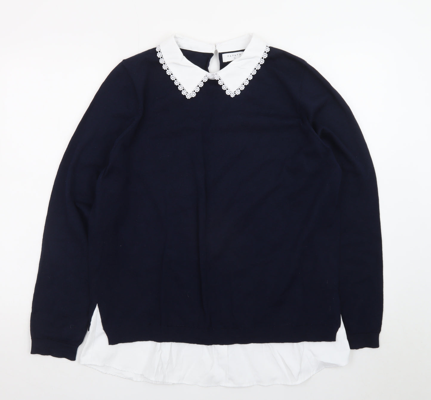 Papaya Women’s Blue Collared Pullover Jumper Size 16 Embroidered Collar