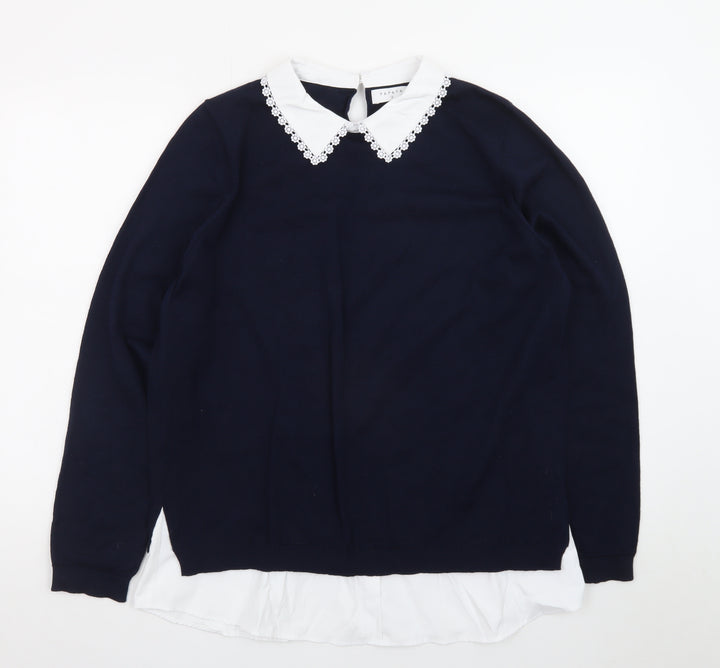 Papaya Women’s Blue Collared Pullover Jumper Size 16 Embroidered Collar