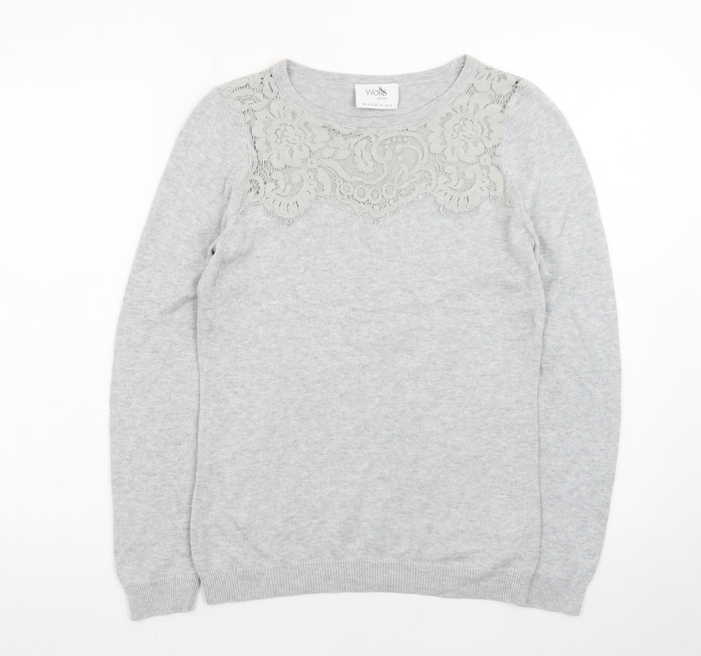 Wallis Women’s Grey Petite Lace Crew Neck Jumper Size 8