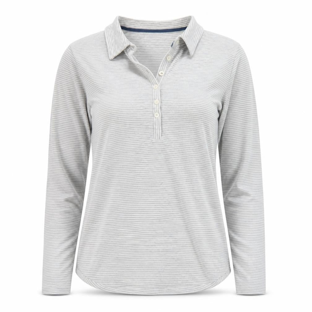 Front view of Rohan Women's Grey Striped Long Sleeve Polo Shirt, size 12