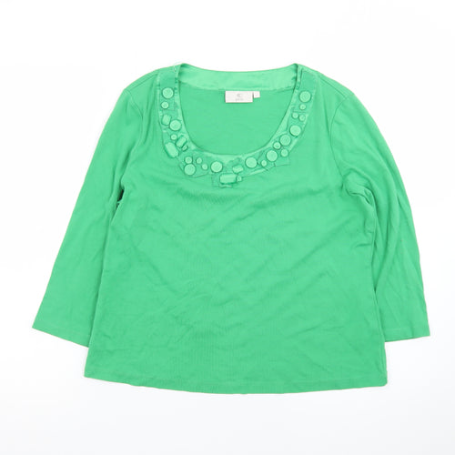 CC Petite Green Beaded Scoop Neck 3/4 Sleeve Cotton Blouse L