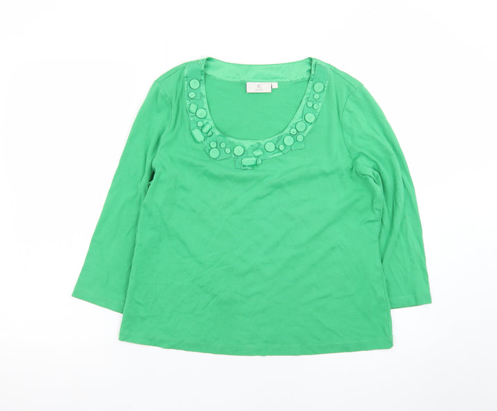 CC Petite Green Beaded Scoop Neck 3/4 Sleeve Cotton Blouse L
