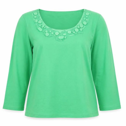 CC Petite Green Beaded Scoop Neck 3/4 Sleeve Cotton Blouse L