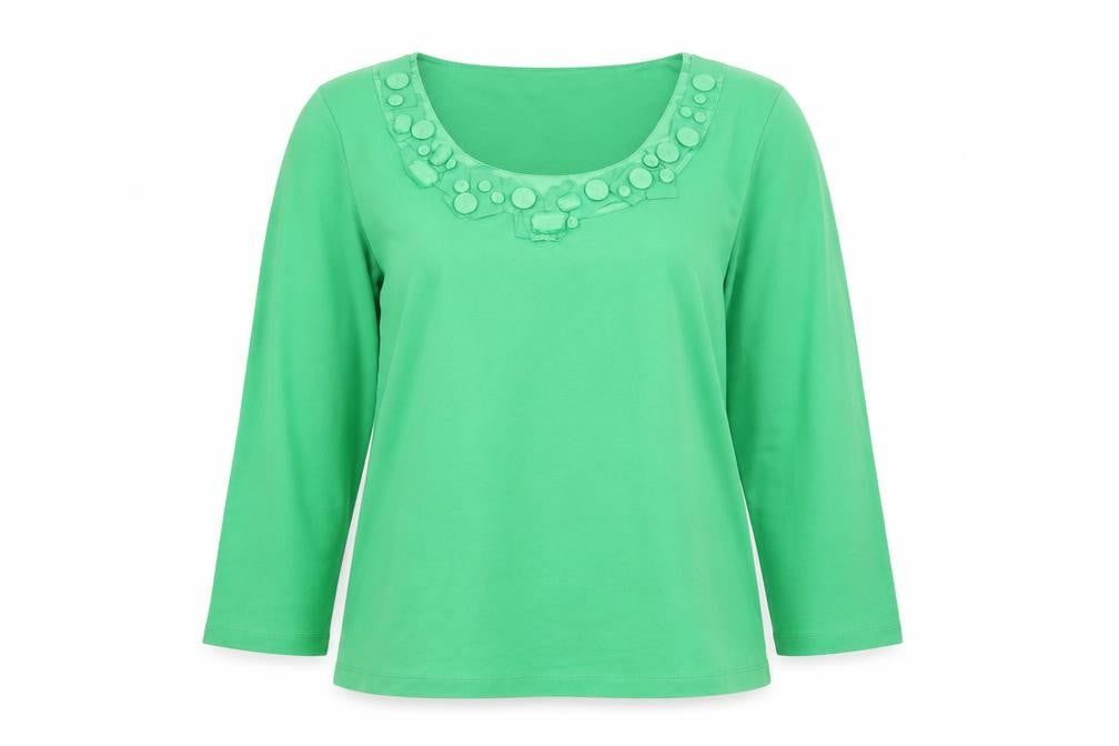 CC Petite Green Beaded Scoop Neck 3/4 Sleeve Cotton Blouse L