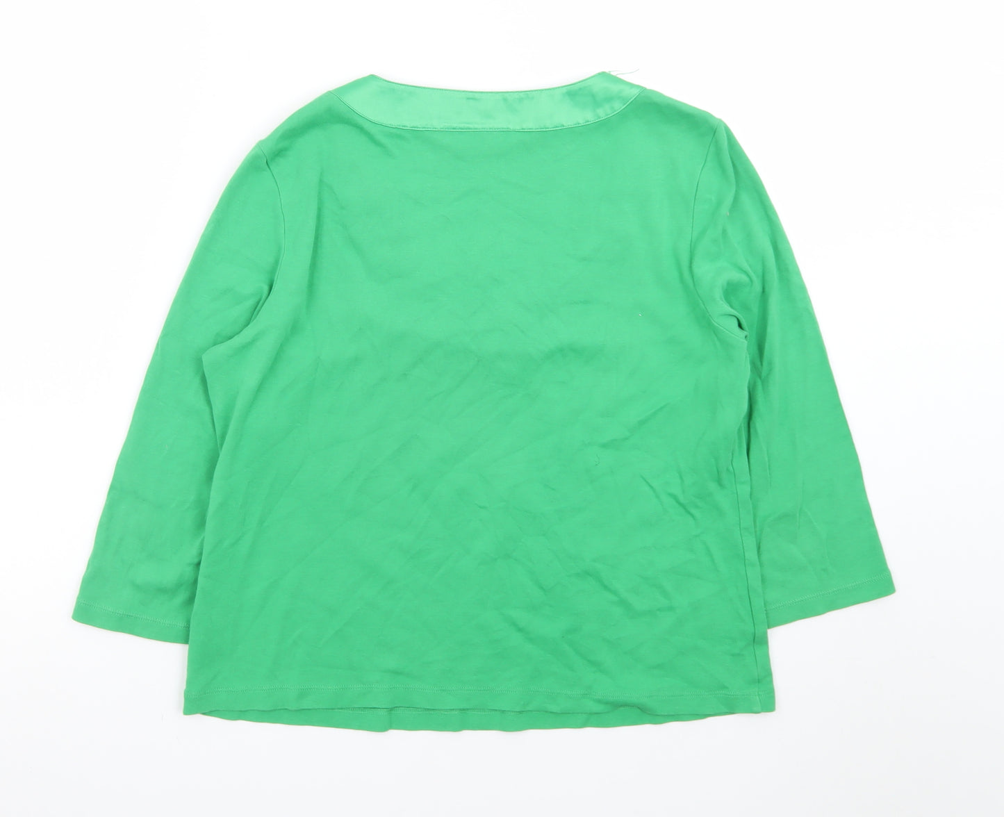 CC Petite Green Beaded Scoop Neck 3/4 Sleeve Cotton Blouse L