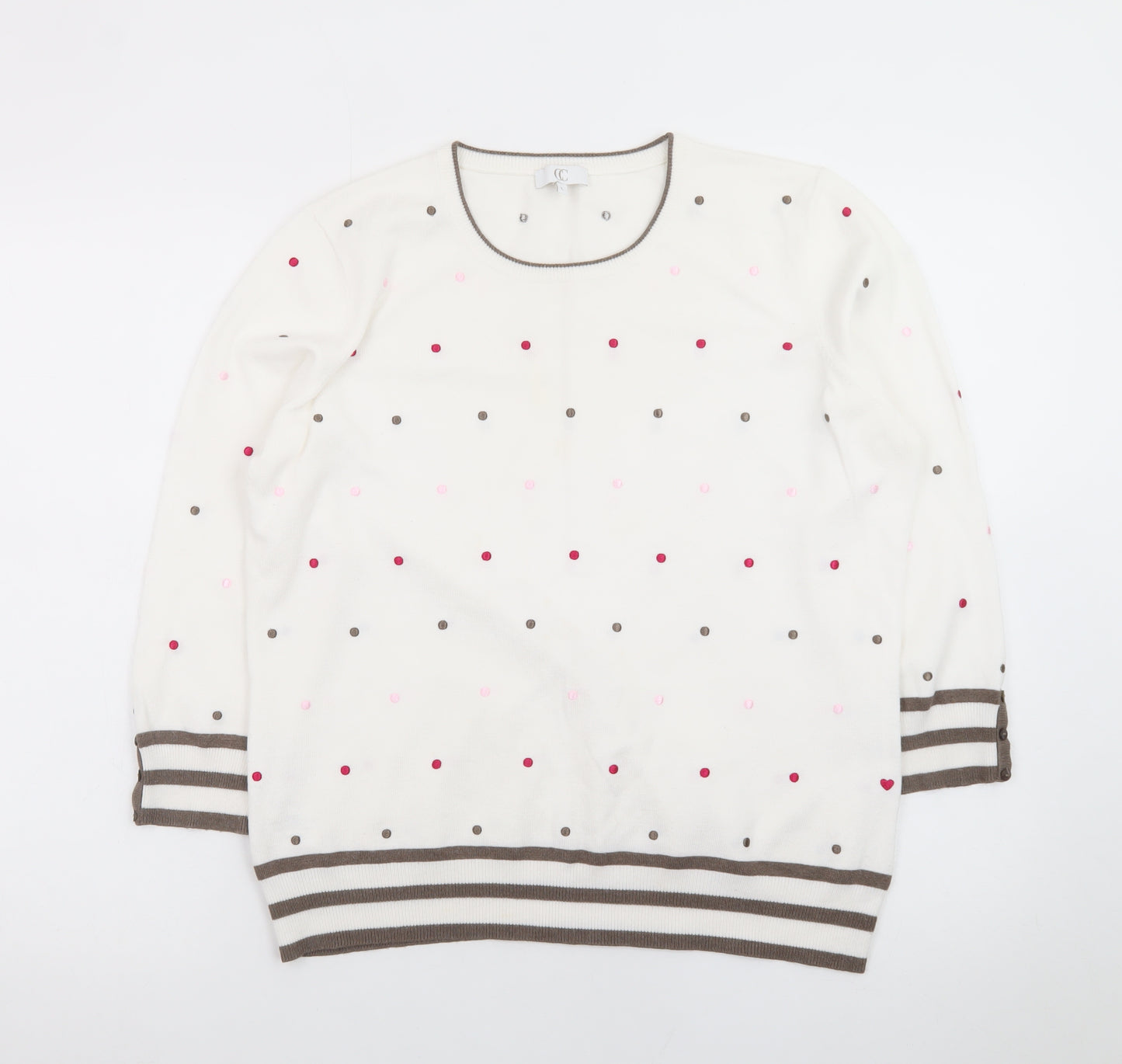 CC Womens Ivory Polka Dot Knit Jumper L Crew Neck 3/4 Sleeve