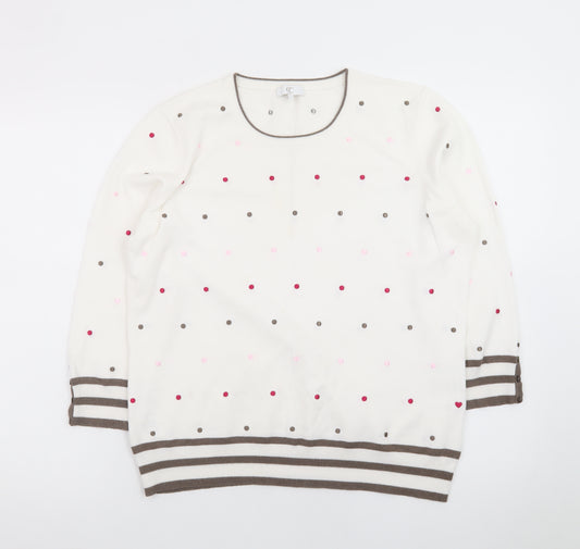 CC Womens Ivory Polka Dot Knit Jumper L Crew Neck 3/4 Sleeve