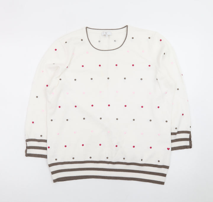 CC Womens Ivory Polka Dot Knit Jumper L Crew Neck 3/4 Sleeve