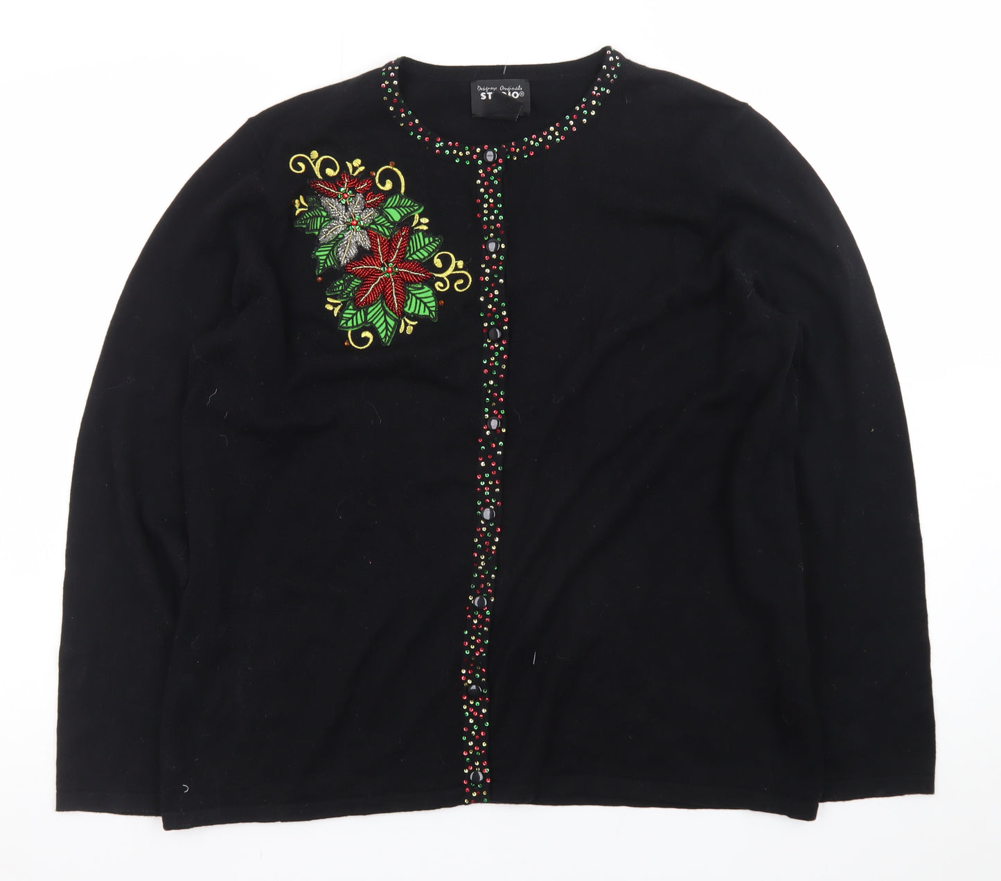 Designers Originals Studio Joy Women's Black L Cardigan with Beaded Christmas Embellishment