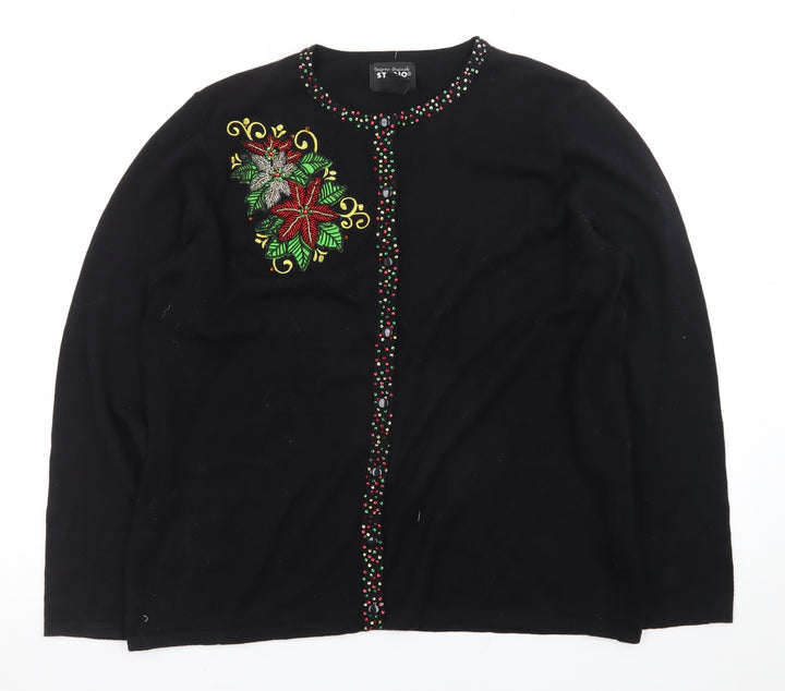 Designers Originals Studio Joy Women's Black L Cardigan with Beaded Christmas Embellishment