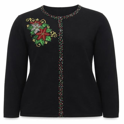 Designers Originals Studio Joy Women's Black L Cardigan with Beaded Christmas Embellishment