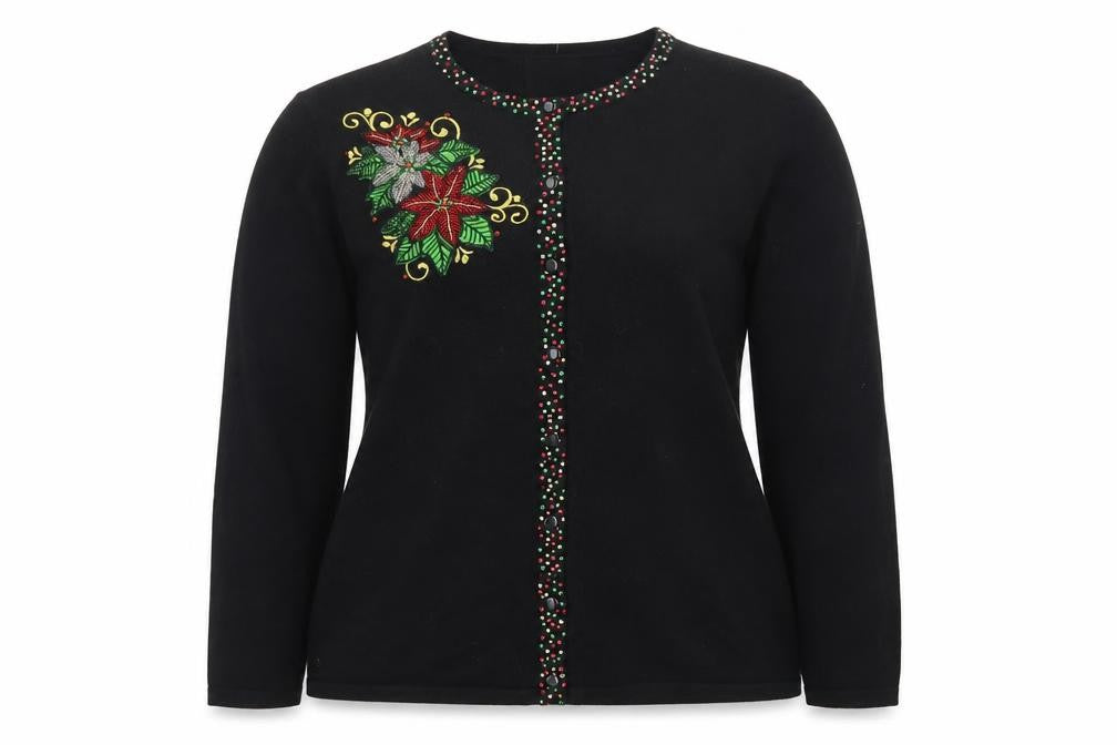 Designers Originals Studio Joy Women's Black L Cardigan with Beaded Christmas Embellishment