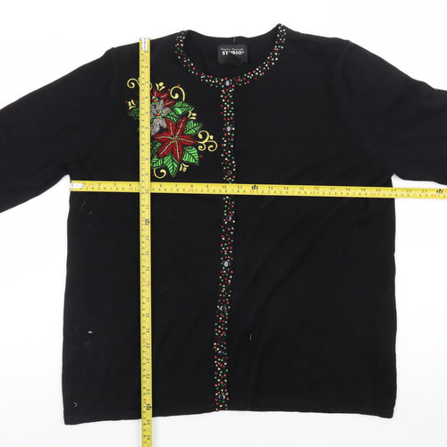 Designers Originals Studio Joy Women's Black L Cardigan with Beaded Christmas Embellishment