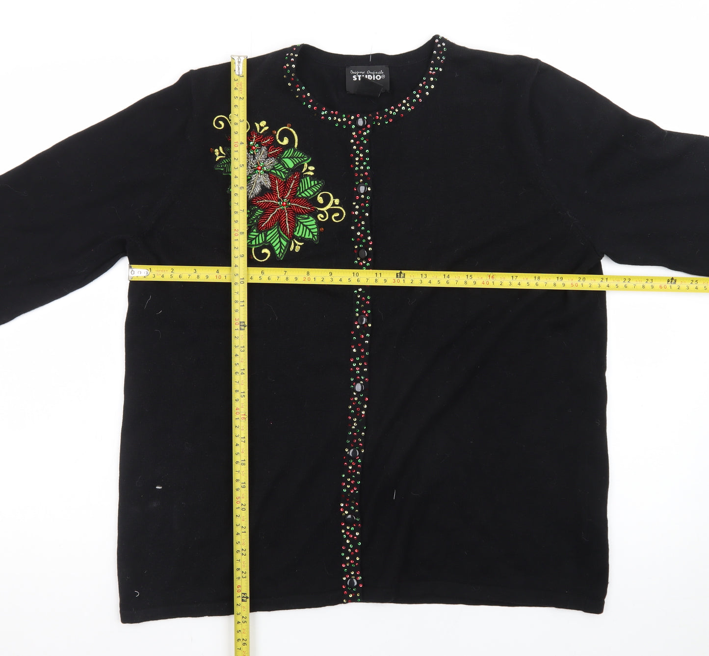 Designers Originals Studio Joy Women's Black L Cardigan with Beaded Christmas Embellishment