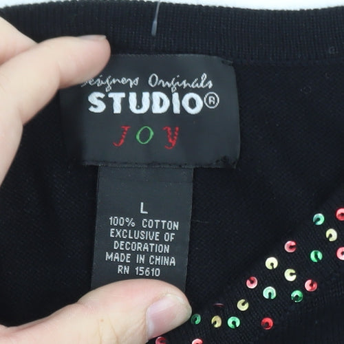 Designers Originals Studio Joy Women's Black L Cardigan with Beaded Christmas Embellishment