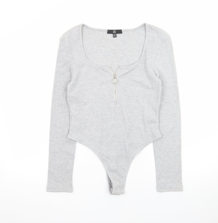 Primark Women’s Grey Long Sleeve Zip Scoop Neck Bodysuit Size 14