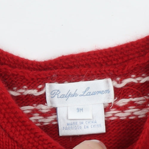 Ralph Lauren Girls Red Fair Isle Christmas Cardigan 6-9 Months Wool Blend
