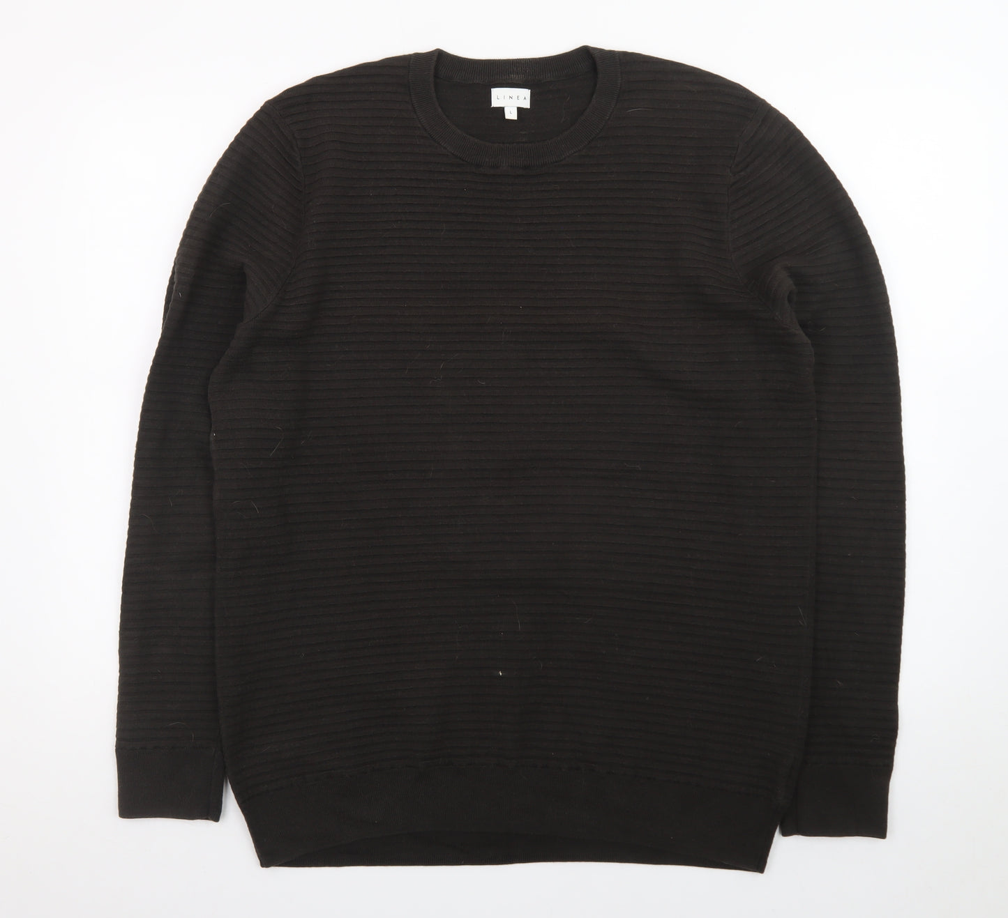 Linea Mens Black Cotton Rib Knit Crew Neck Jumper Size L