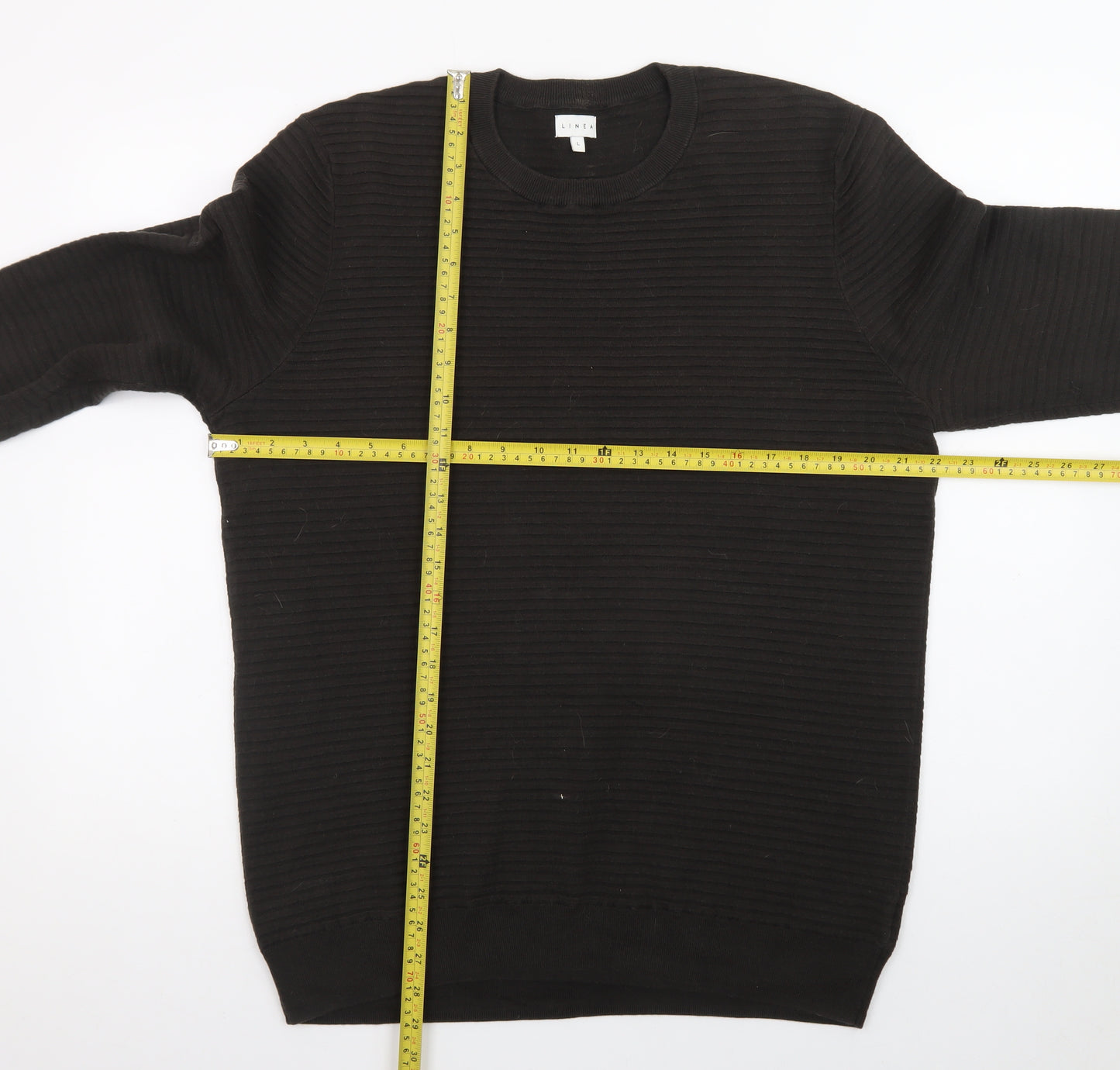 Linea Mens Black Cotton Rib Knit Crew Neck Jumper Size L