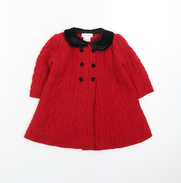 Ralph Lauren Girls Red Wool Blend Cable Knit Collared Cardigan 9-12 Months